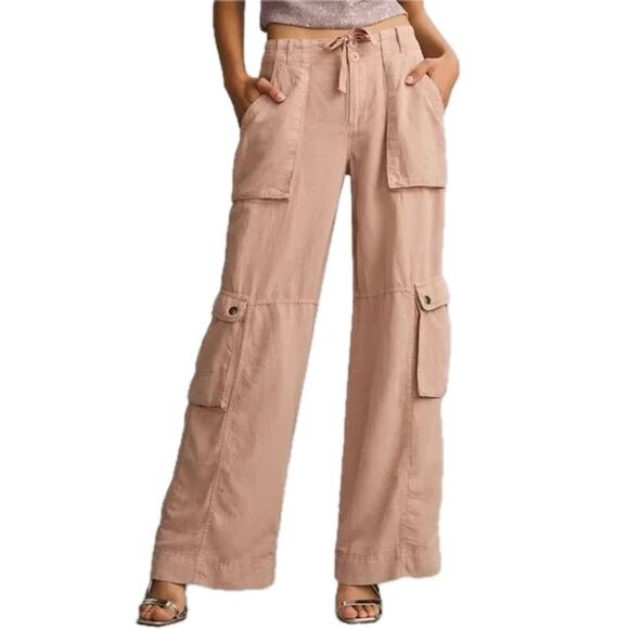 Anthropologie Pilcro Linen Blend High Waisted Wide Leg Utility Silky Cargo Pants - Picture 1 of 13